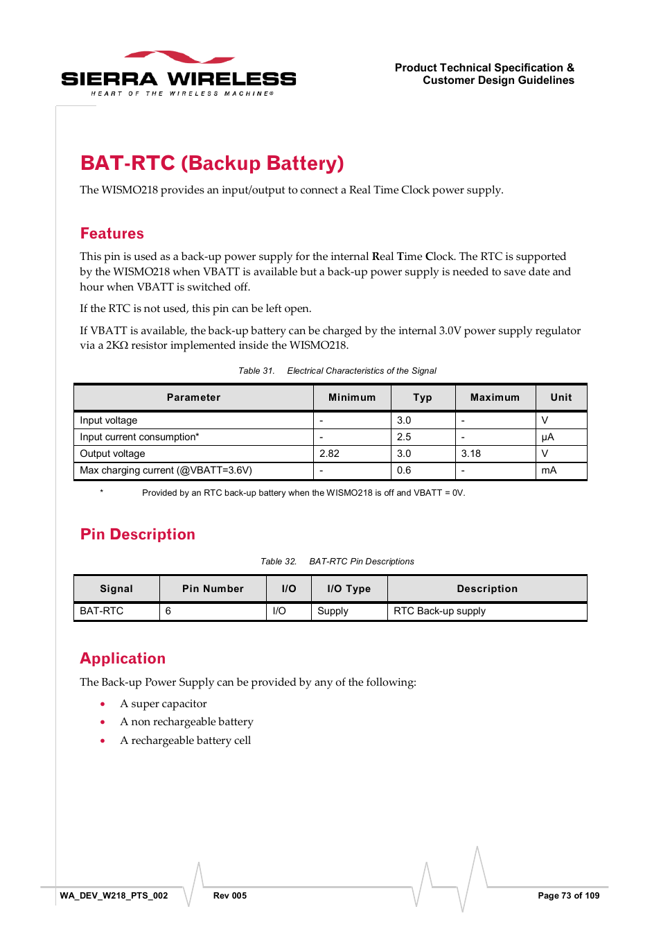 Bat-rtc (backup battery), Features, Pin description | Application, Table 31, Electrical characteristics of the signal, Table 32, Bat-rtc pin descriptions | Sierra Wireless WISMO218 User Manual | Page 73 / 110