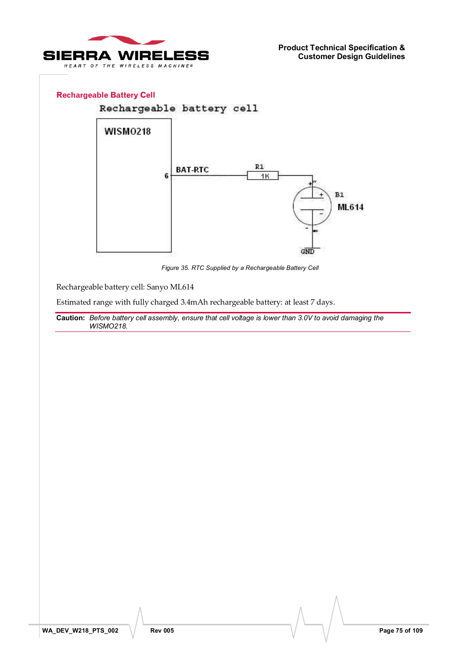 Rechargeable battery cell, Figure 35, Rtc supplied by a rechargeable battery cell | Sierra Wireless WISMO218 User Manual | Page 75 / 110