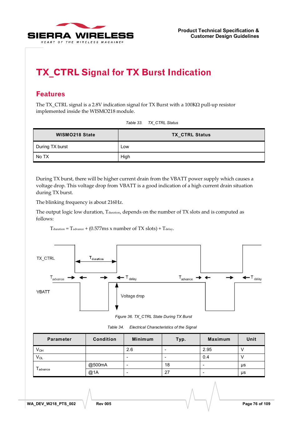 Tx_ctrl signal for tx burst indication, Features, Tx_ctrl frequency and duration | Figure 36, Tx_ctrl state during tx burst, Table 33, Tx_ctrl status, Table 34, Electrical characteristics of the signal | Sierra Wireless WISMO218 User Manual | Page 76 / 110