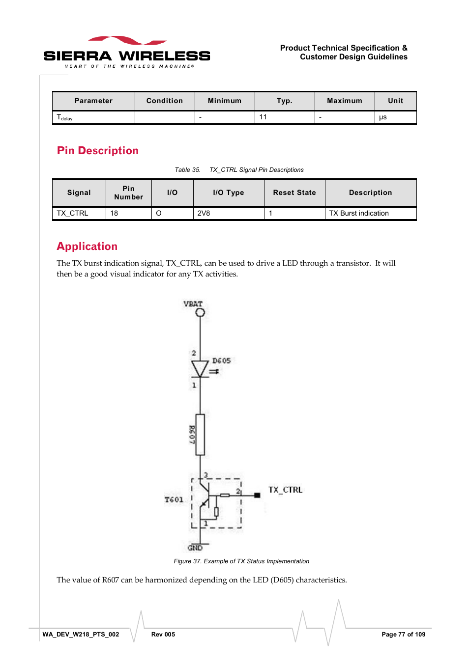 Pin description, Application, Figure 37 | Example of tx status implementation, Table 35, Tx_ctrl signal pin descriptions | Sierra Wireless WISMO218 User Manual | Page 77 / 110