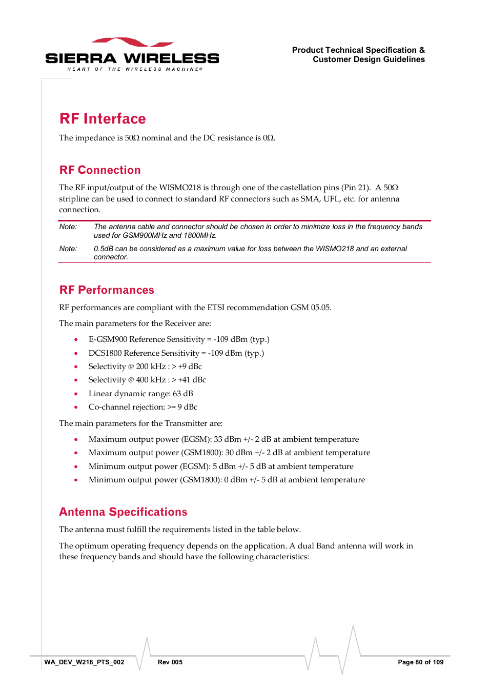 Rf interface, Rf connection, Rf performances | Antenna specifications | Sierra Wireless WISMO218 User Manual | Page 80 / 110