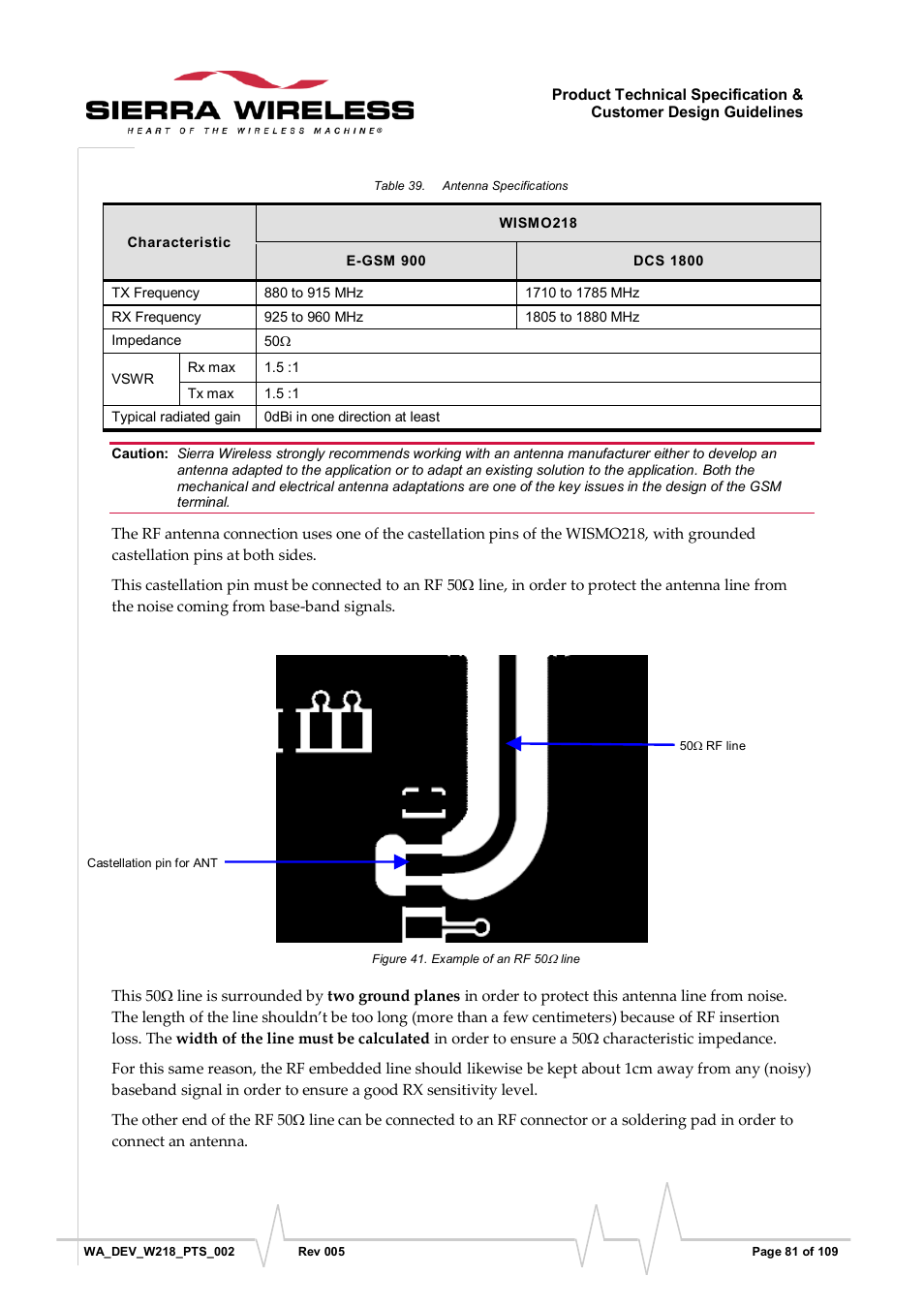 Figure 41, Example of an rf 50 line, Table 39 | Antenna specifications | Sierra Wireless WISMO218 User Manual | Page 81 / 110