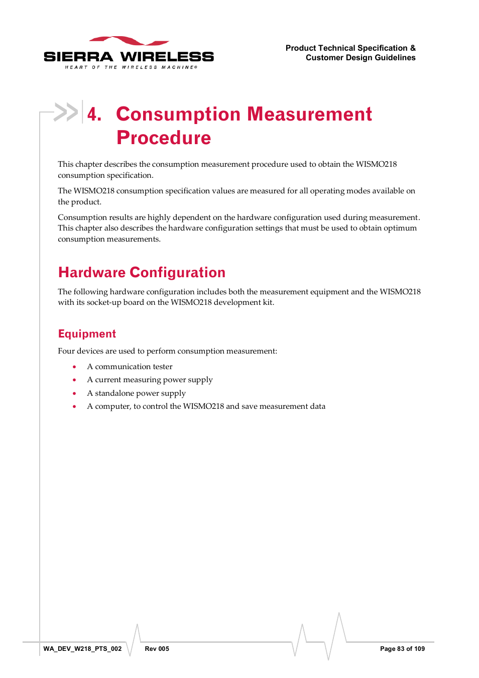 Consumption measurement procedure, Hardware configuration, Equipment | Sierra Wireless WISMO218 User Manual | Page 83 / 110