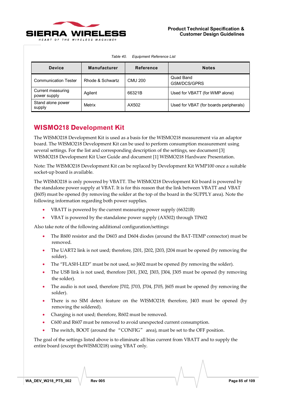 Wismo218 development kit, Table 40, Equipment reference list | Sierra Wireless WISMO218 User Manual | Page 85 / 110