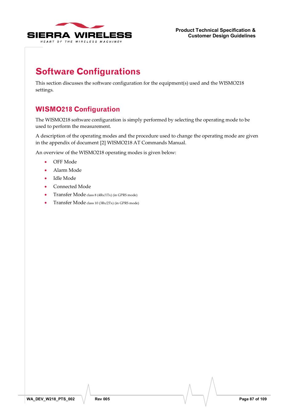 Software configurations, Wismo218 configuration | Sierra Wireless WISMO218 User Manual | Page 87 / 110