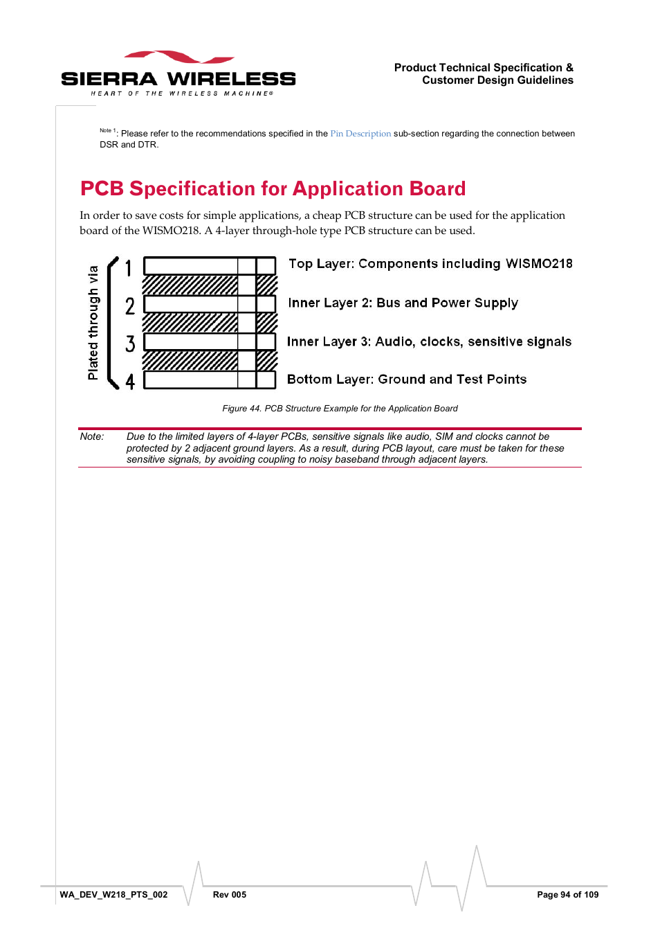 Pcb specification for application board, Figure 44, Pcb structure example for the application board | Sierra Wireless WISMO218 User Manual | Page 94 / 110