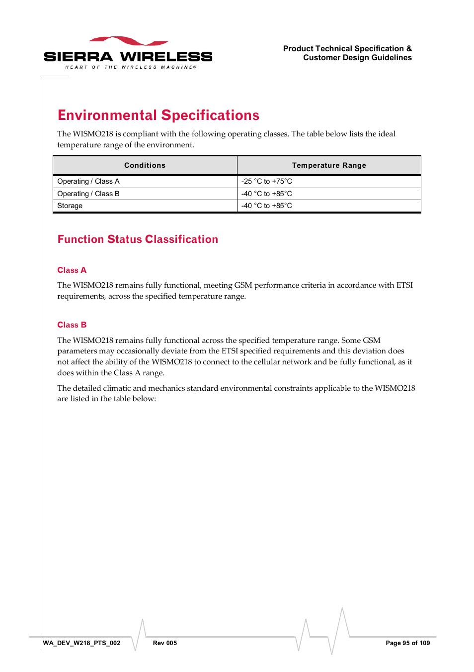 Environmental specifications, Function status classification, Class a | Class b, Class a operating temperature range | Sierra Wireless WISMO218 User Manual | Page 95 / 110