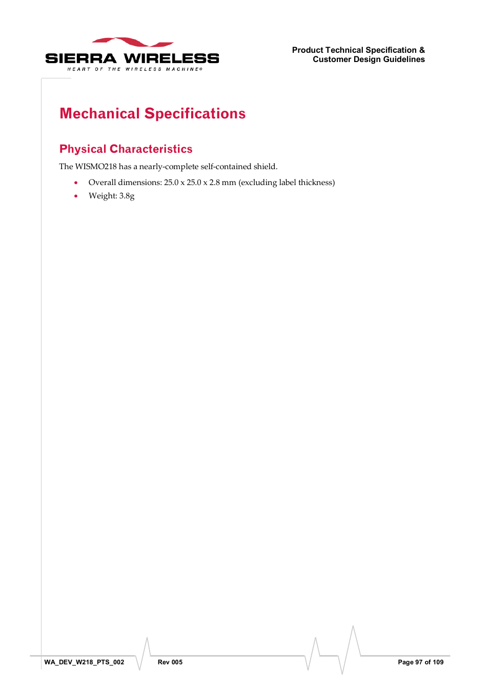 Mechanical specifications, Physical characteristics | Sierra Wireless WISMO218 User Manual | Page 97 / 110