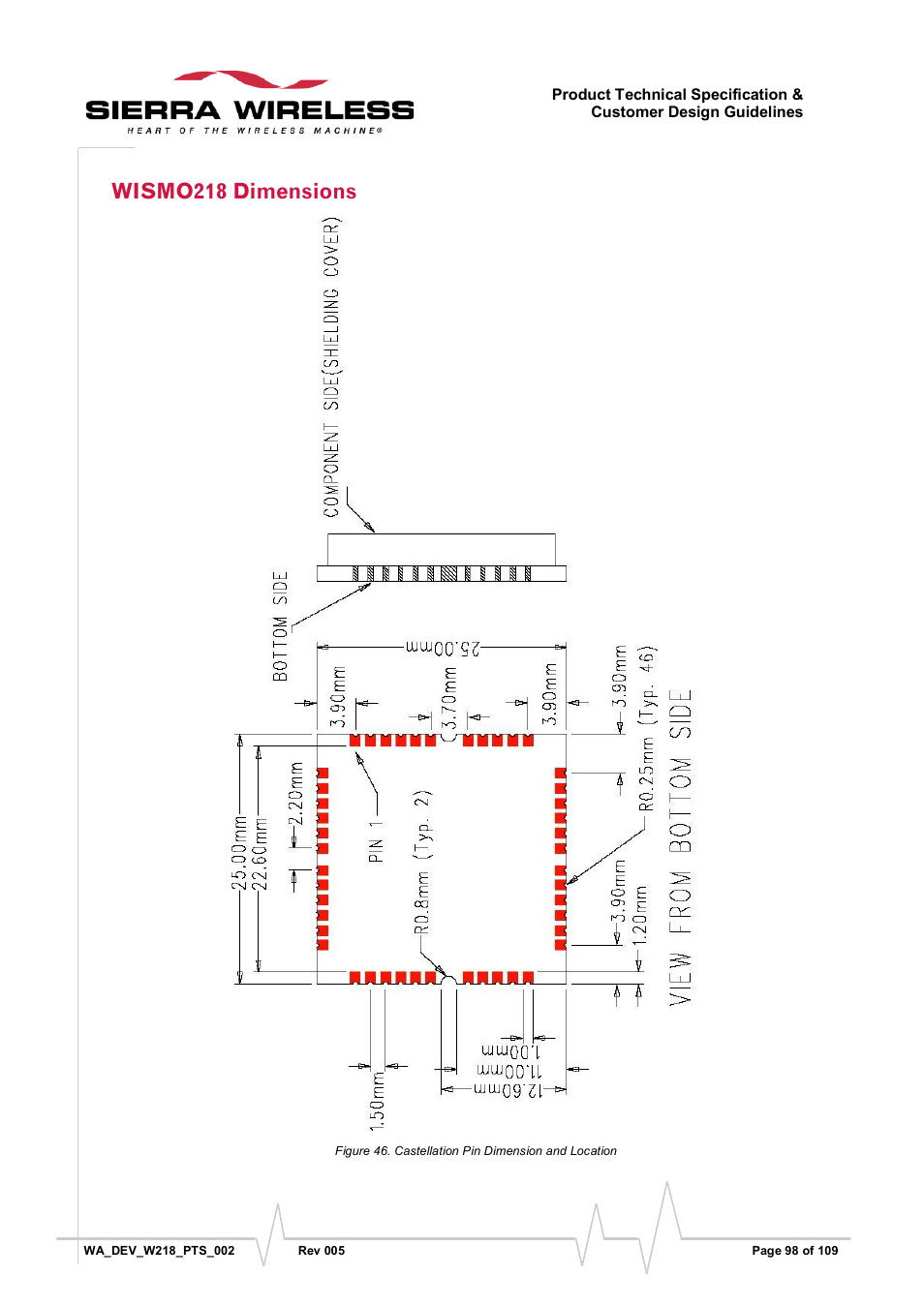 Wismo218 dimensions, Figure 46, Castellation pin dimension and location | Sierra Wireless WISMO218 User Manual | Page 98 / 110