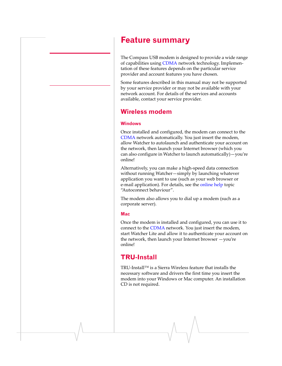 Feature summary, Wireless modem, Windows | Tru-install, Windows mac | Sierra Wireless Compass 597 User Manual | Page 10 / 65