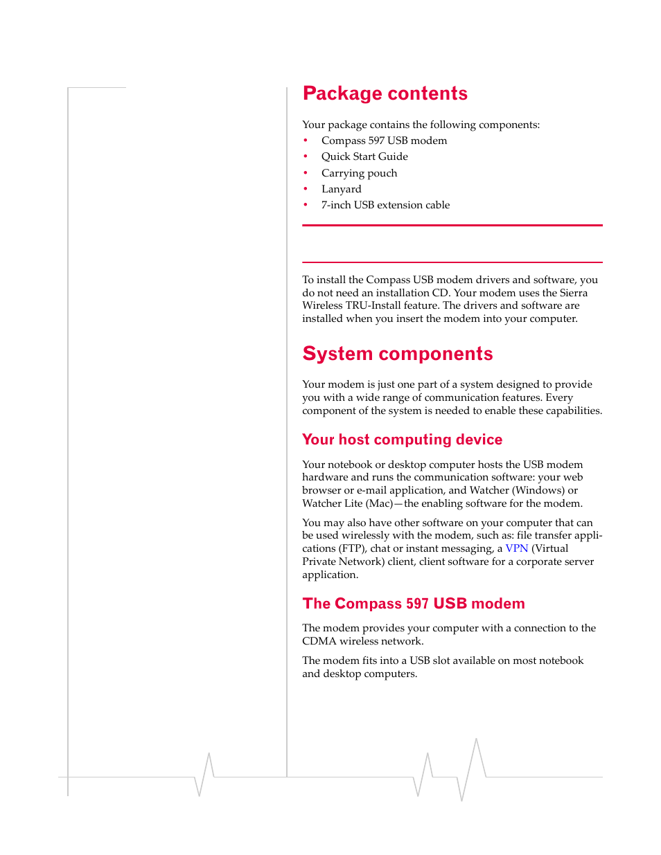 Package contents, System components, Your host computing device | The compass 597 usb modem | Sierra Wireless Compass 597 User Manual | Page 13 / 65