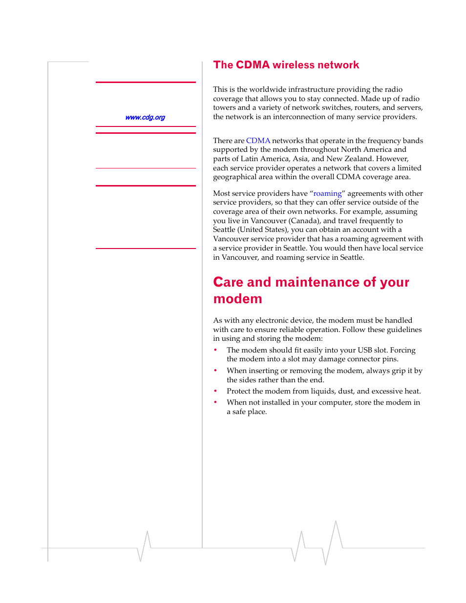 The cdma wireless network, Care and maintenance of your modem, Care and maintenance | Of your modem | Sierra Wireless Compass 597 User Manual | Page 15 / 65