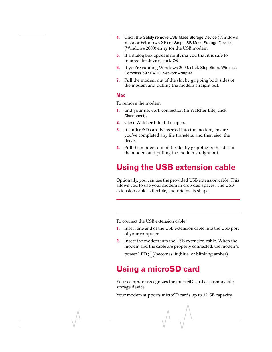 Using the usb extension cable, Using a microsd card, Using the usb | Extension cable | Sierra Wireless Compass 597 User Manual | Page 24 / 65