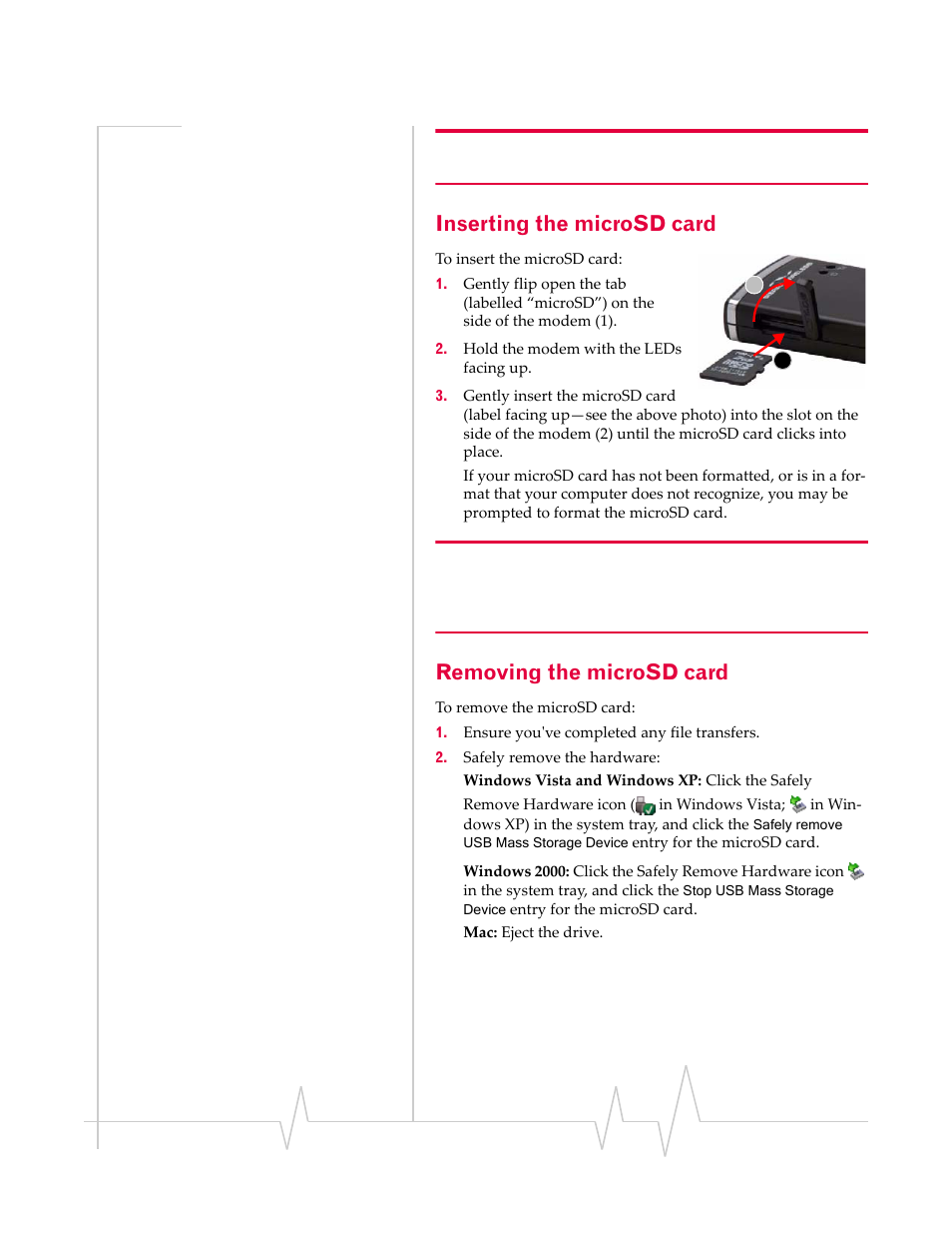 Inserting the microsd card, Removing the microsd card | Sierra Wireless Compass 597 User Manual | Page 25 / 65