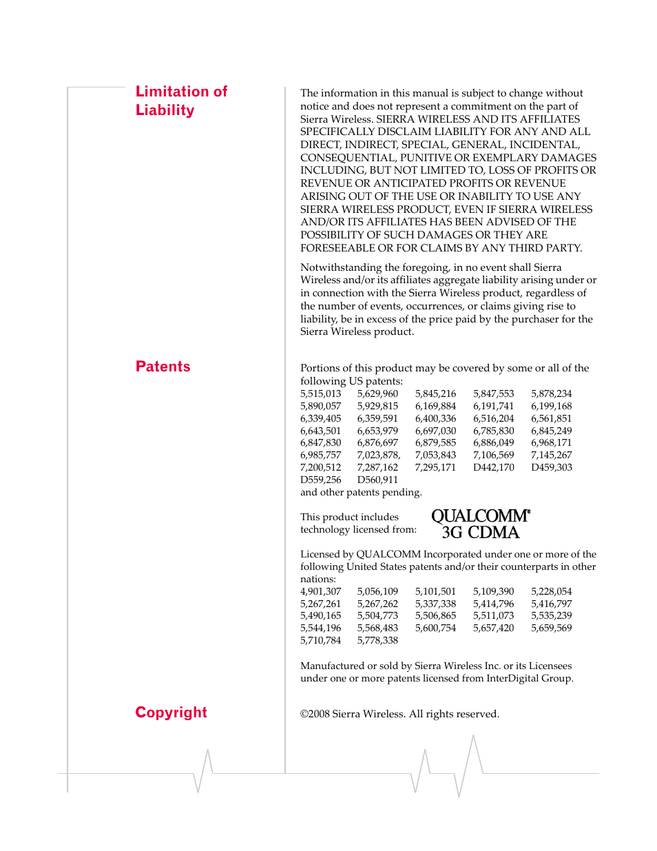 Limitation of liability, Patents, Copyright | Sierra Wireless Compass 597 User Manual | Page 3 / 65