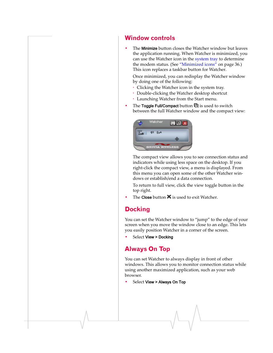 Window controls, Docking, Always on top | Sierra Wireless Compass 597 User Manual | Page 33 / 65