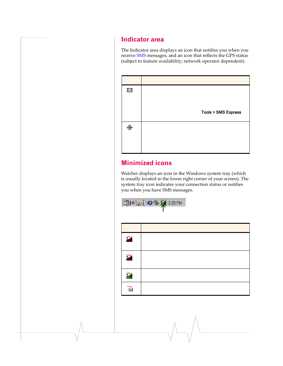 Indicator area, Minimized icons | Sierra Wireless Compass 597 User Manual | Page 36 / 65