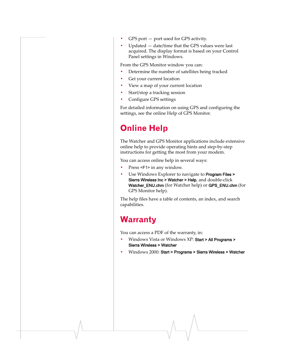 Online help, Warranty, Ndows | Online help • warranty | Sierra Wireless Compass 597 User Manual | Page 38 / 65