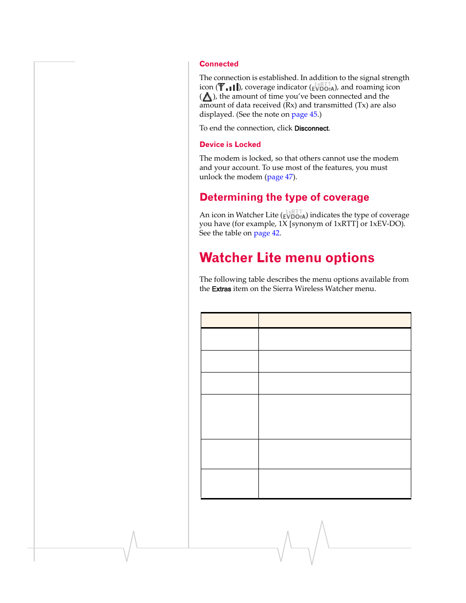 Connected, Device is locked, Determining the type of coverage | Watcher lite menu options, Connected device is locked, Watcher lite menu, Options | Sierra Wireless Compass 597 User Manual | Page 44 / 65