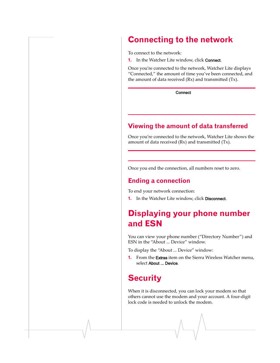 Connecting to the network, Viewing the amount of data transferred, Ending a connection | Displaying your phone number and esn, Security, Connecting to the, Network, Displaying your phone, Number and esn | Sierra Wireless Compass 597 User Manual | Page 45 / 65