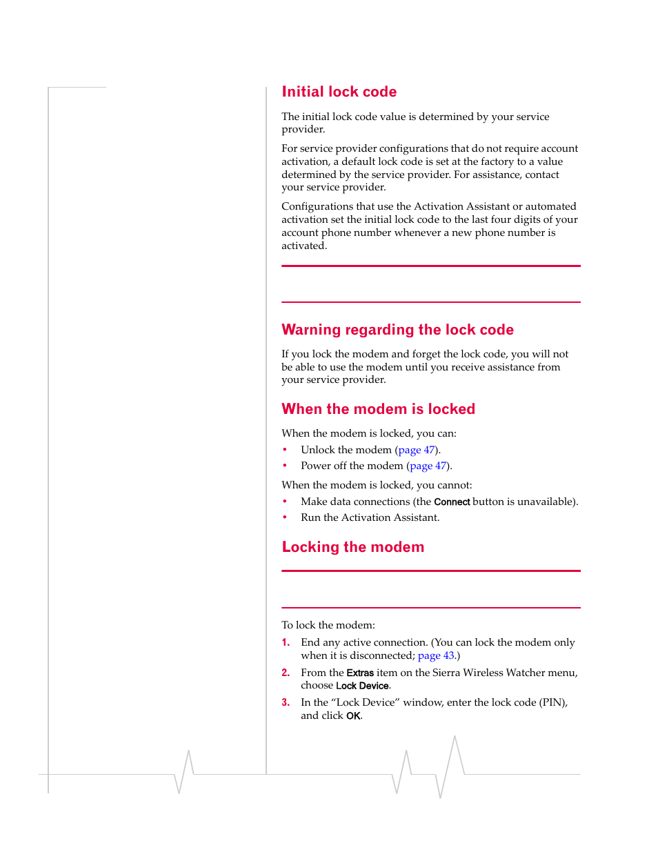 Initial lock code, Warning regarding the lock code, When the modem is locked | Locking the modem | Sierra Wireless Compass 597 User Manual | Page 46 / 65