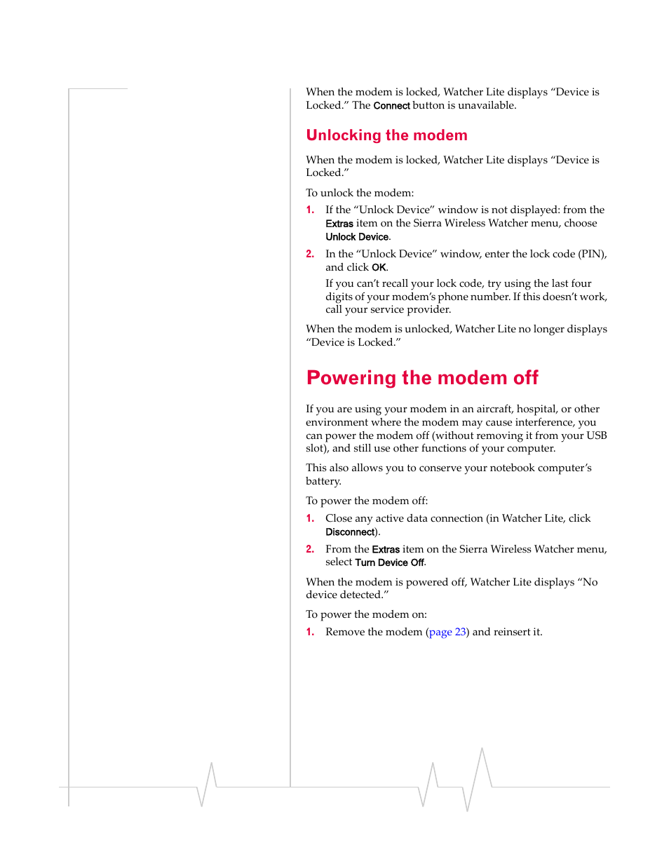 Unlocking the modem, Powering the modem off, Powering the modem | Sierra Wireless Compass 597 User Manual | Page 47 / 65