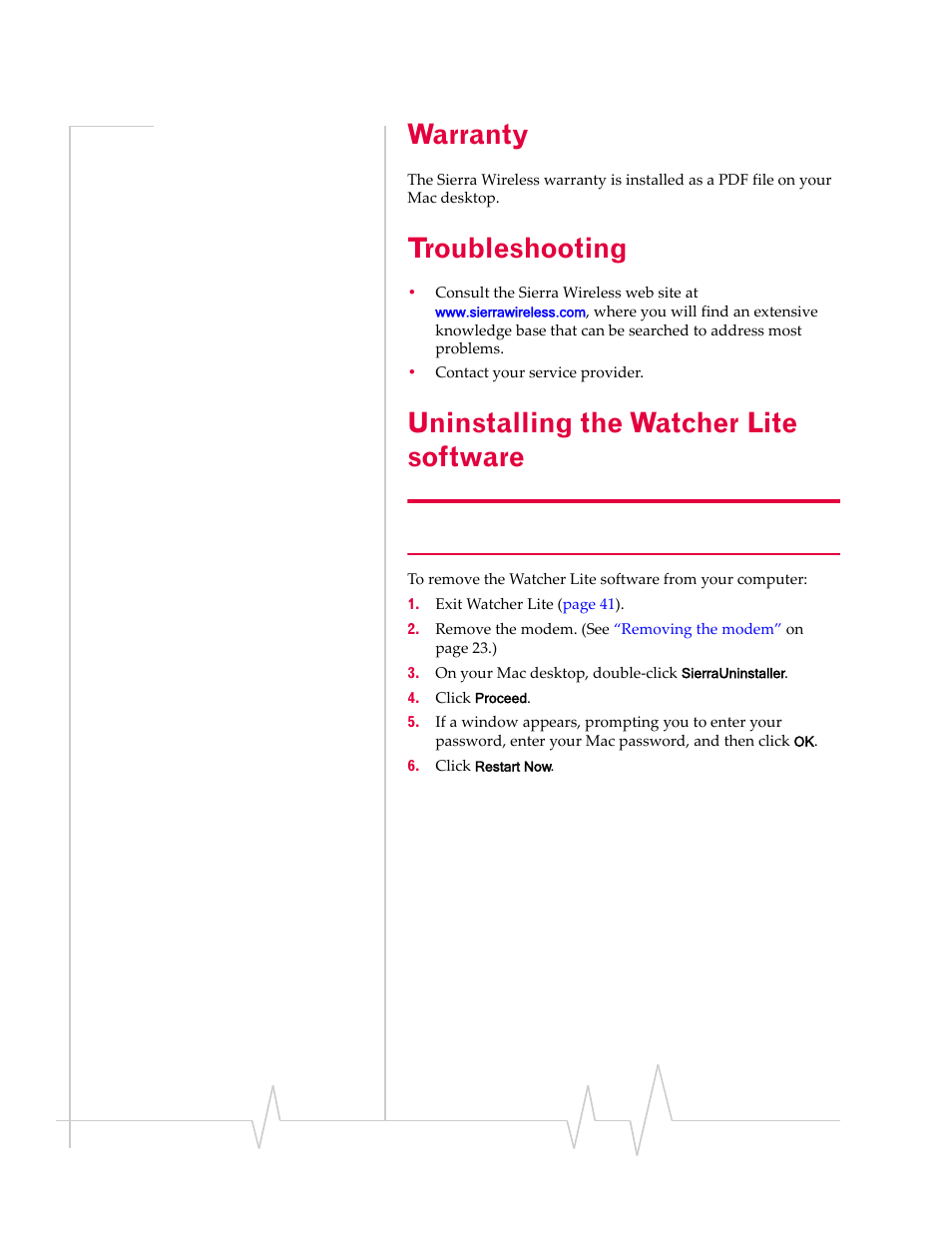 Warranty, Troubleshooting, Uninstalling the watcher lite software | Uninstalling the, Watcher lite software | Sierra Wireless Compass 597 User Manual | Page 48 / 65