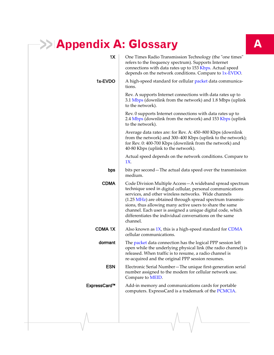 Appendix a: glossary, Glossary, Cdma | 1x‐evdo, Rev. a, Rev. 0, Icon, Coverage, Network, 1x-evdo | Sierra Wireless Compass 597 User Manual | Page 57 / 65