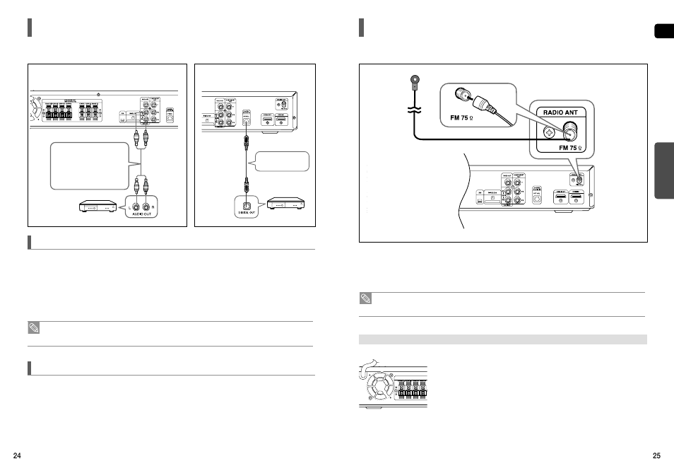 Connecting the fm antenna, Connecting audio from external components, Con’t) | Optical : connecting an external digital component, Aux2 : connecting an external analog component | Sierra Wireless HT-TX72 User Manual | Page 13 / 39