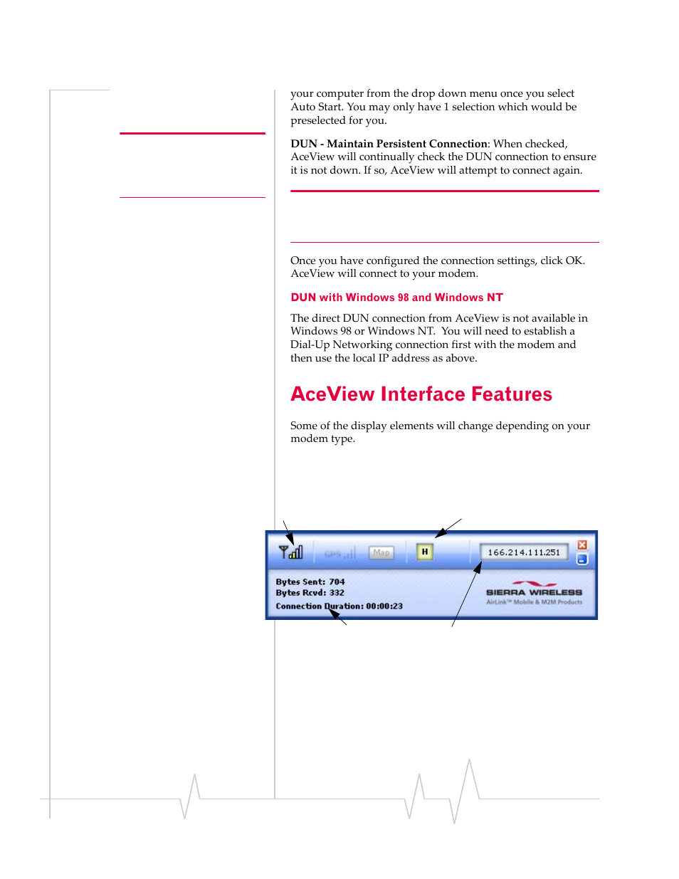 Aceview interface features, Aceview interface, Features | Sierra Wireless ACEVIEW 2120028 User Manual | Page 5 / 14