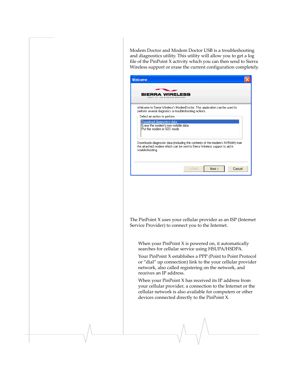 Modem doctor, Connecting to your cellular provider, Steps of a connection | Connecting to your, Cellular provider | Sierra Wireless PINPOINT X HSUPA User Manual | Page 10 / 40