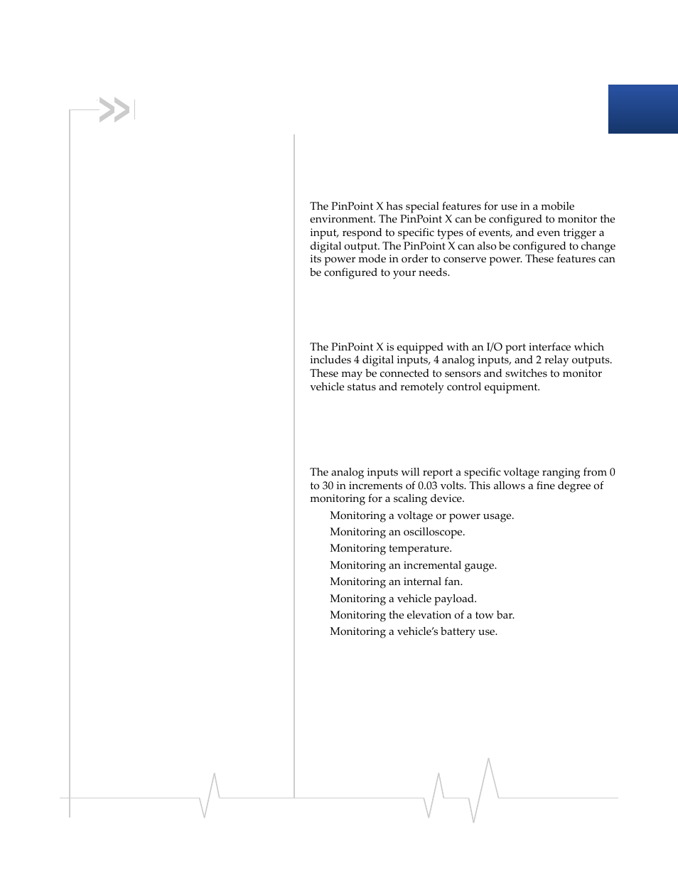 Inputs, relay outputs, and power status, Capturing external events, Analog inputs | Sierra Wireless PINPOINT X HSUPA User Manual | Page 32 / 40