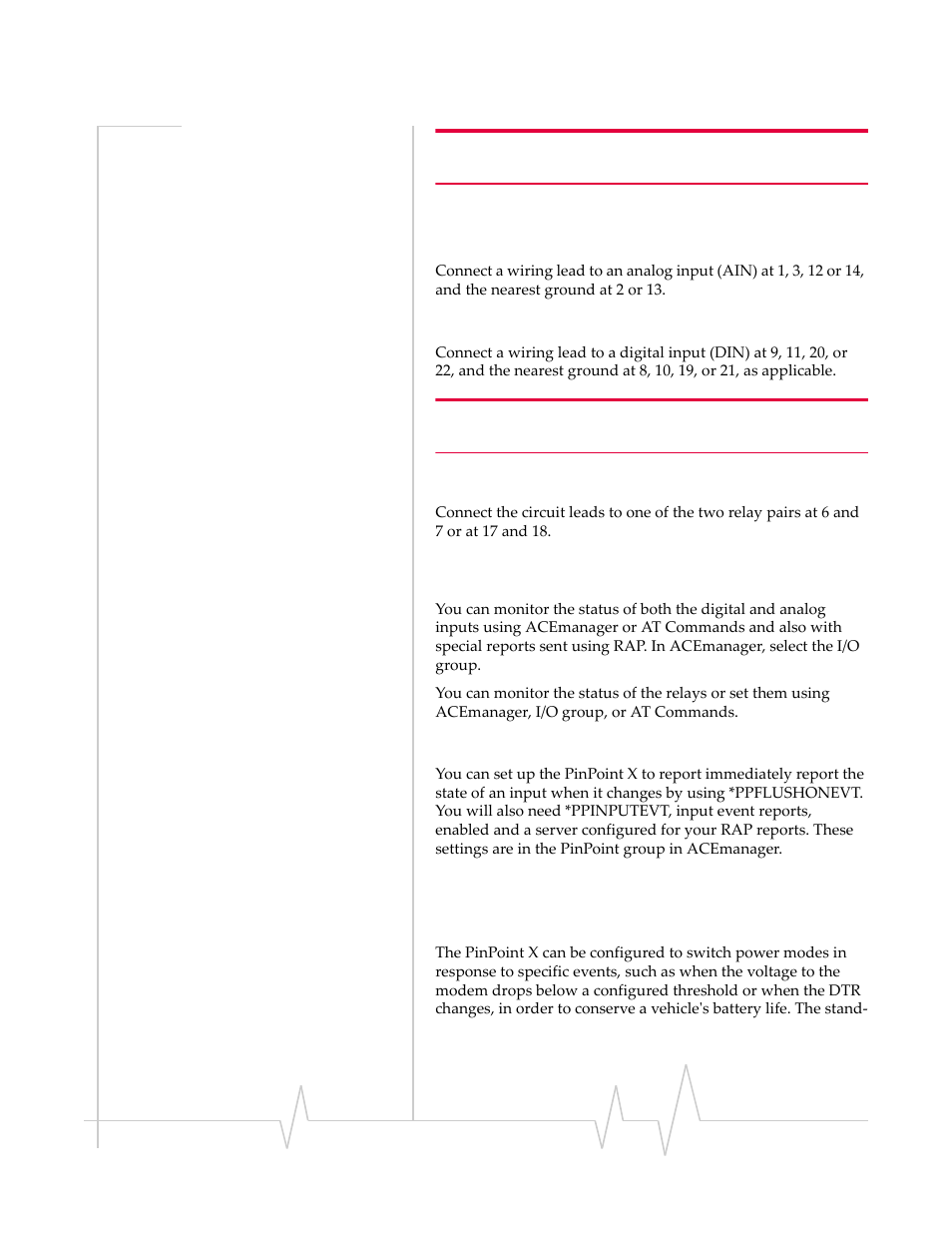 Monitoring and setting the i/o, Power modes and information, Analog inputs digital inputs relay outputs | Getting immediate reports using rap, Power modes and, Information | Sierra Wireless PINPOINT X HSUPA User Manual | Page 36 / 40