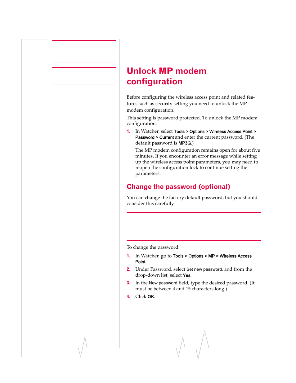 Unlock mp modem configuration, Change the password (optional), Unlock mp modem | Configuration | Sierra Wireless MP 880W User Manual | Page 56 / 92