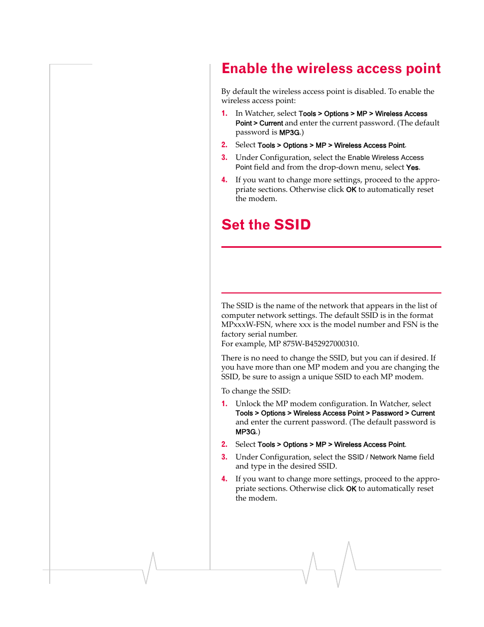 Enable the wireless access point, Set the ssid, Enable the wireless | Access point | Sierra Wireless MP 880W User Manual | Page 57 / 92