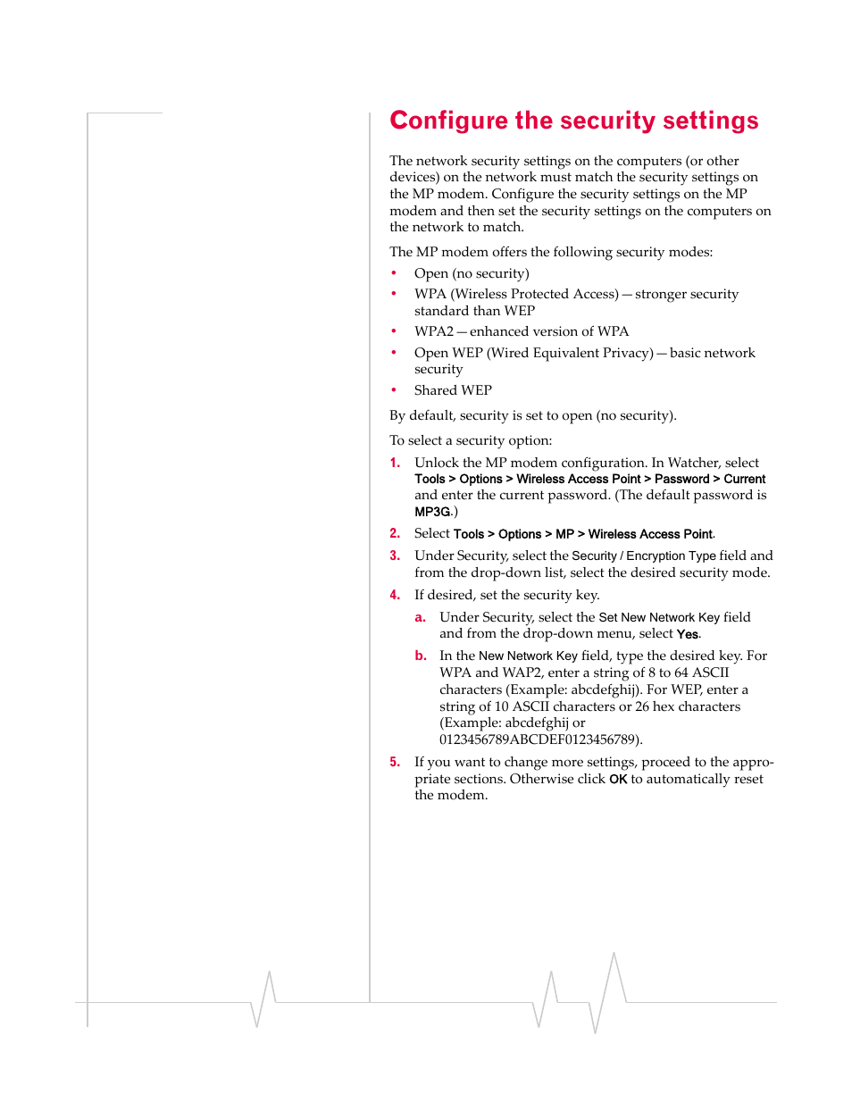 Configure the security settings, Configure the security, Settings | Sierra Wireless MP 880W User Manual | Page 58 / 92