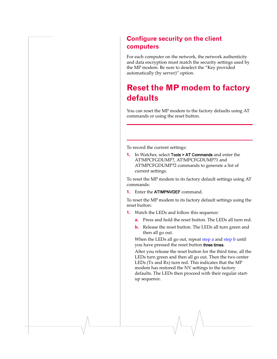Configure security on the client computers, Reset the mp modem to factory defaults, Reset the mp modem | To factory defaults | Sierra Wireless MP 880W User Manual | Page 59 / 92