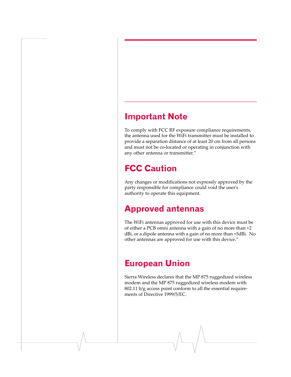 Important note, Fcc caution, Approved antennas | European union | Sierra Wireless MP 880W User Manual | Page 84 / 92