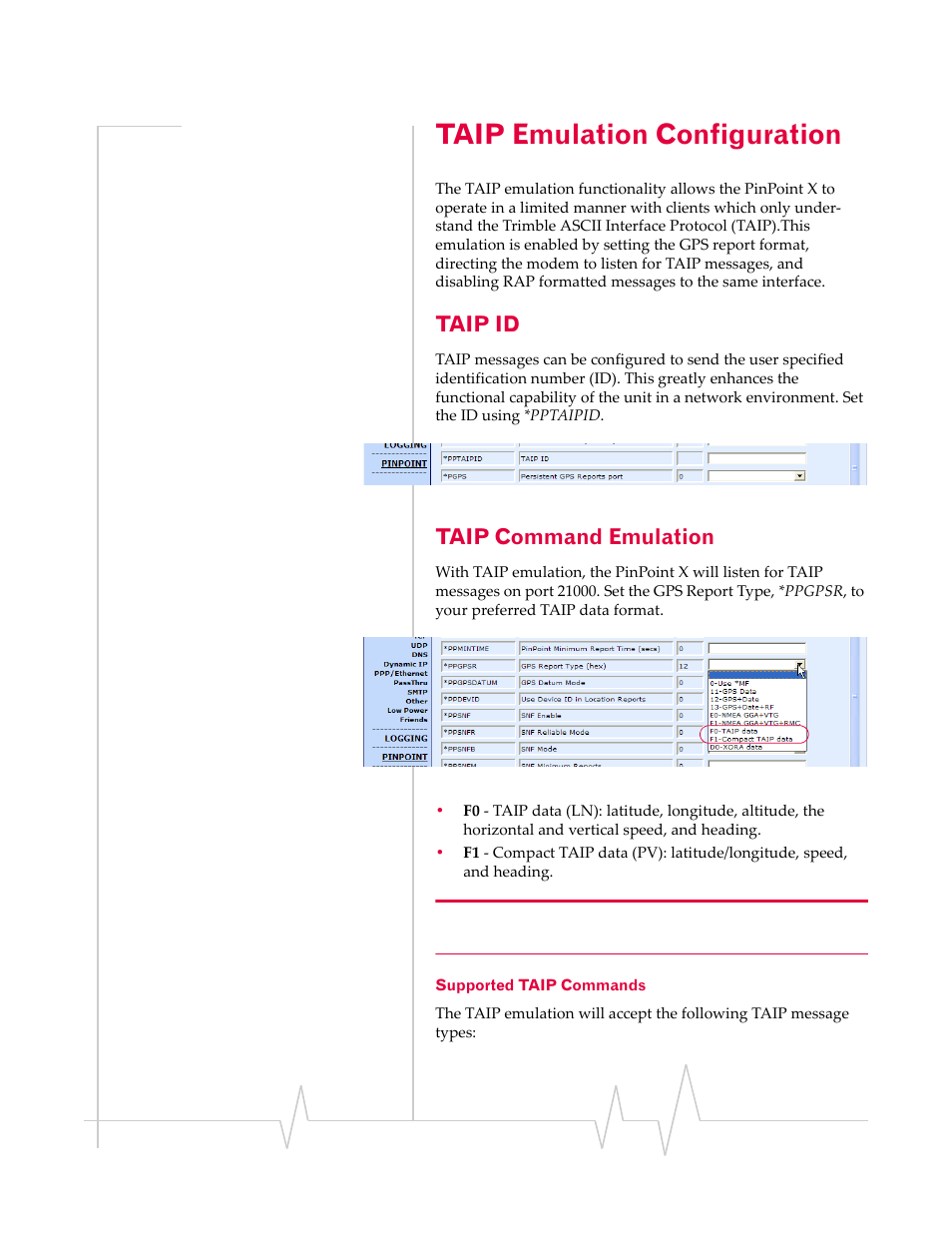 Taip emulation configuration, Taip id, Taip command emulation | Supported taip commands, Taip emulation, Configuration | Sierra Wireless 20070914 User Manual | Page 114 / 203