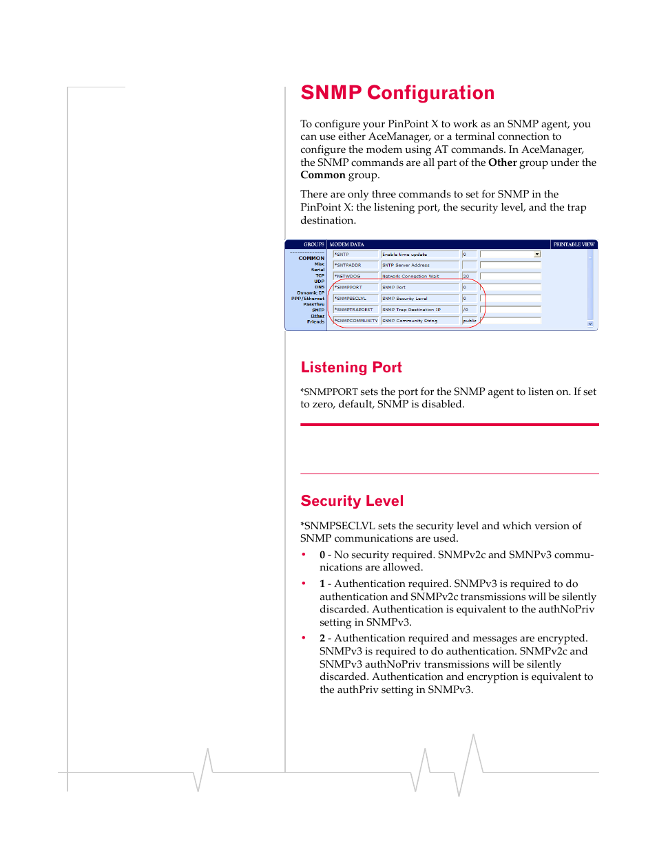 Snmp configuration, Listening port, Security level | Sierra Wireless 20070914 User Manual | Page 121 / 203