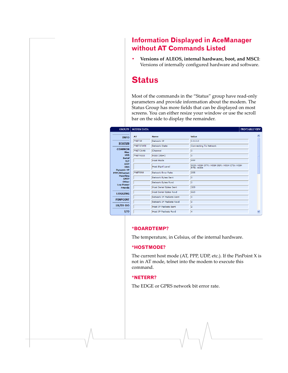 Status, Boardtemp? *hostmode? *neterr | Sierra Wireless 20070914 User Manual | Page 131 / 203