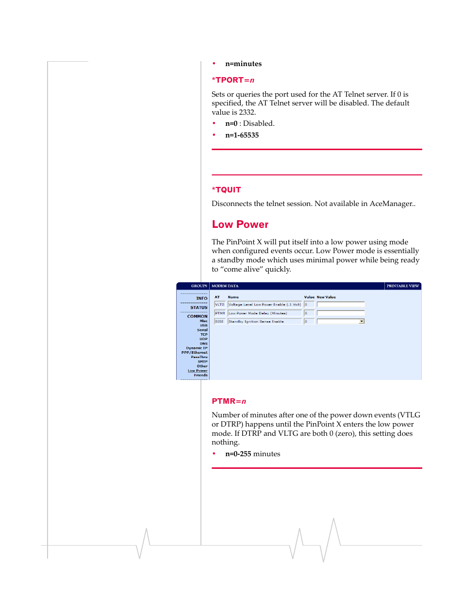 Low power, Tport=n, Tquit | Ptmr=n | Sierra Wireless 20070914 User Manual | Page 160 / 203
