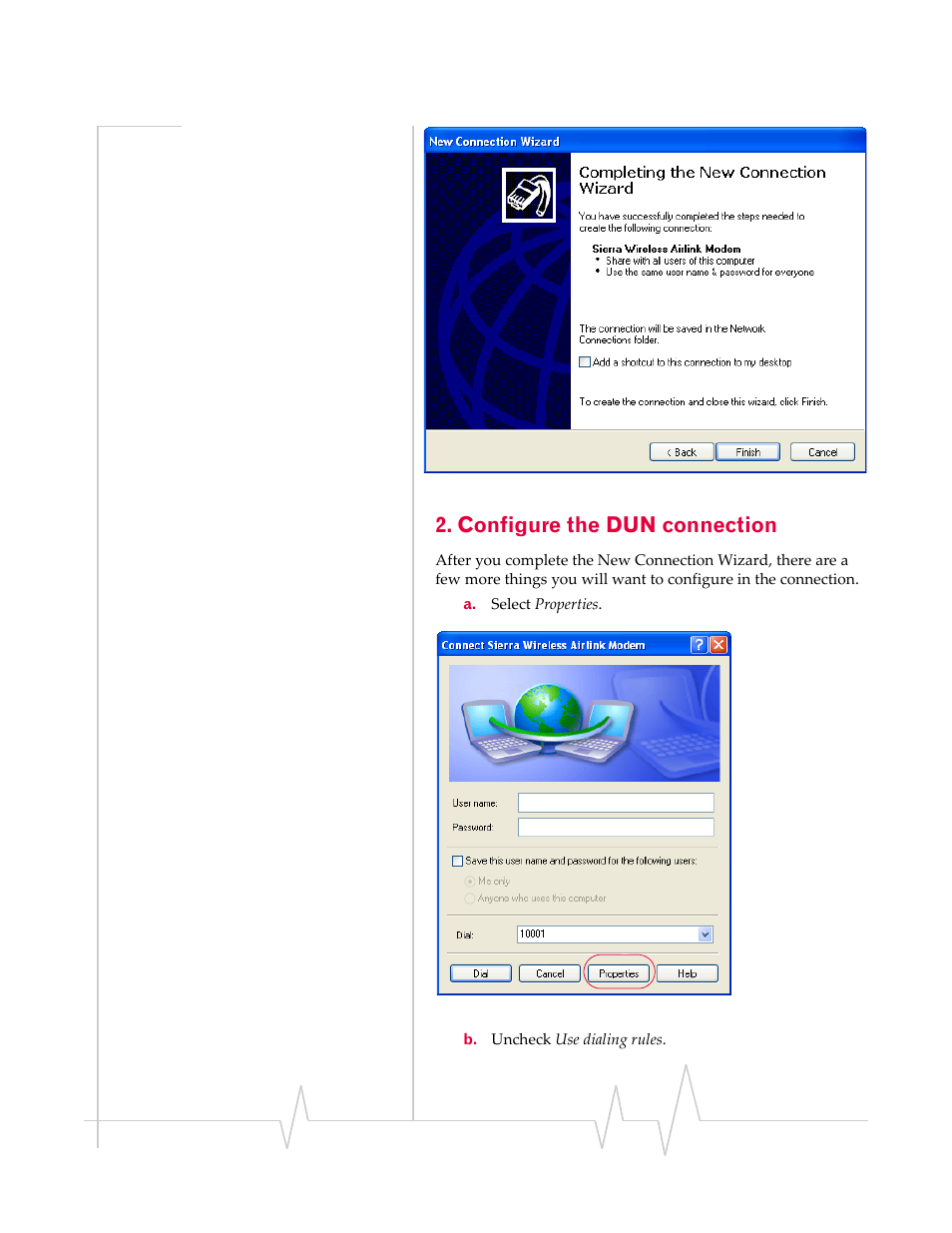 Configure the dun connection | Sierra Wireless 20070914 User Manual | Page 195 / 203