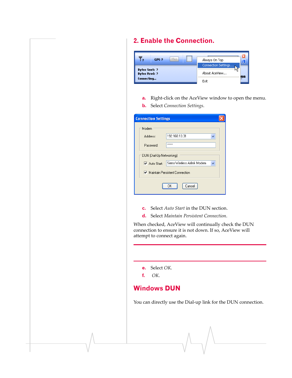 Windows dun, Enable the connection | Sierra Wireless 20070914 User Manual | Page 200 / 203
