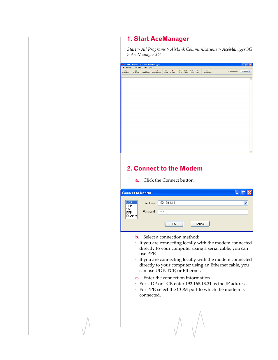 Start acemanager, Connect to the modem | Sierra Wireless 20070914 User Manual | Page 31 / 203