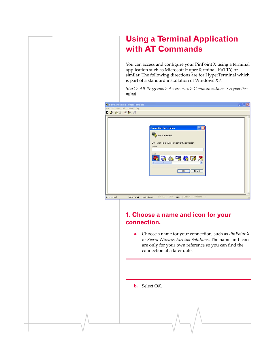 Using a terminal application with at commands, Using a terminal, Application with at commands | Choose a name and icon for your connection | Sierra Wireless 20070914 User Manual | Page 49 / 203