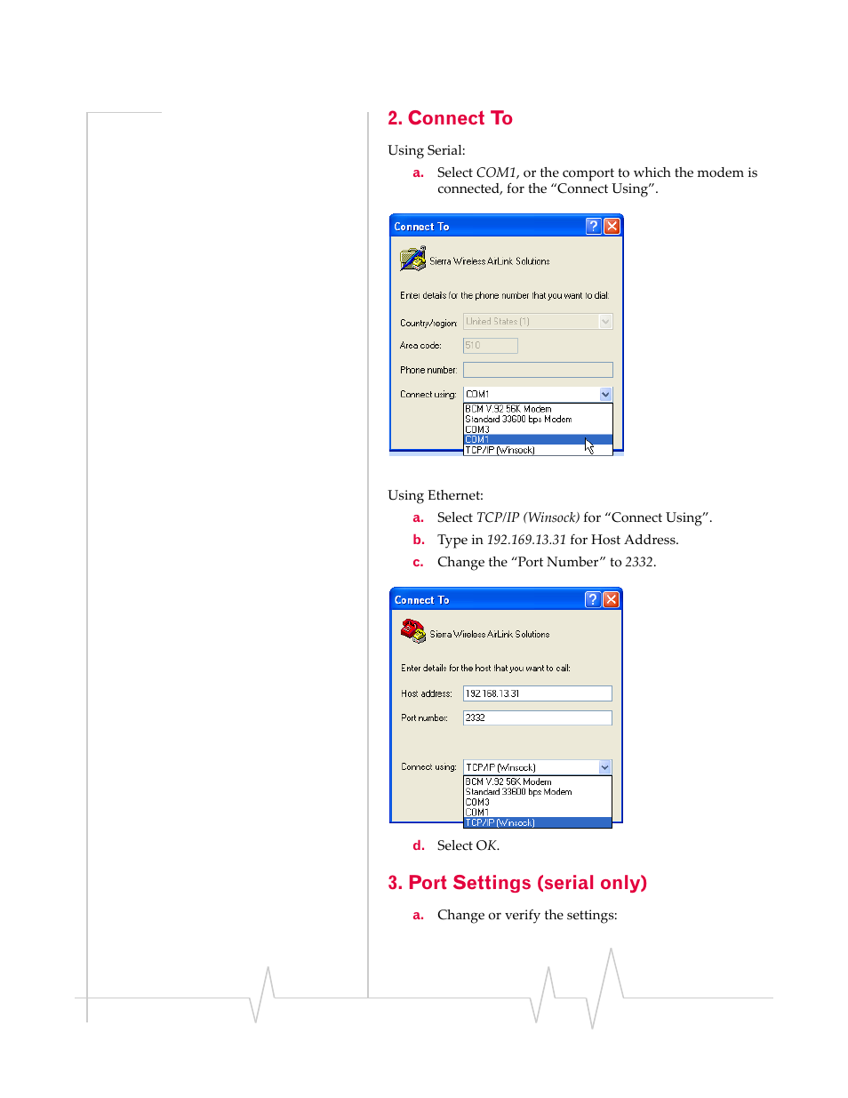 Connect to, Port settings (serial only) | Sierra Wireless 20070914 User Manual | Page 50 / 203