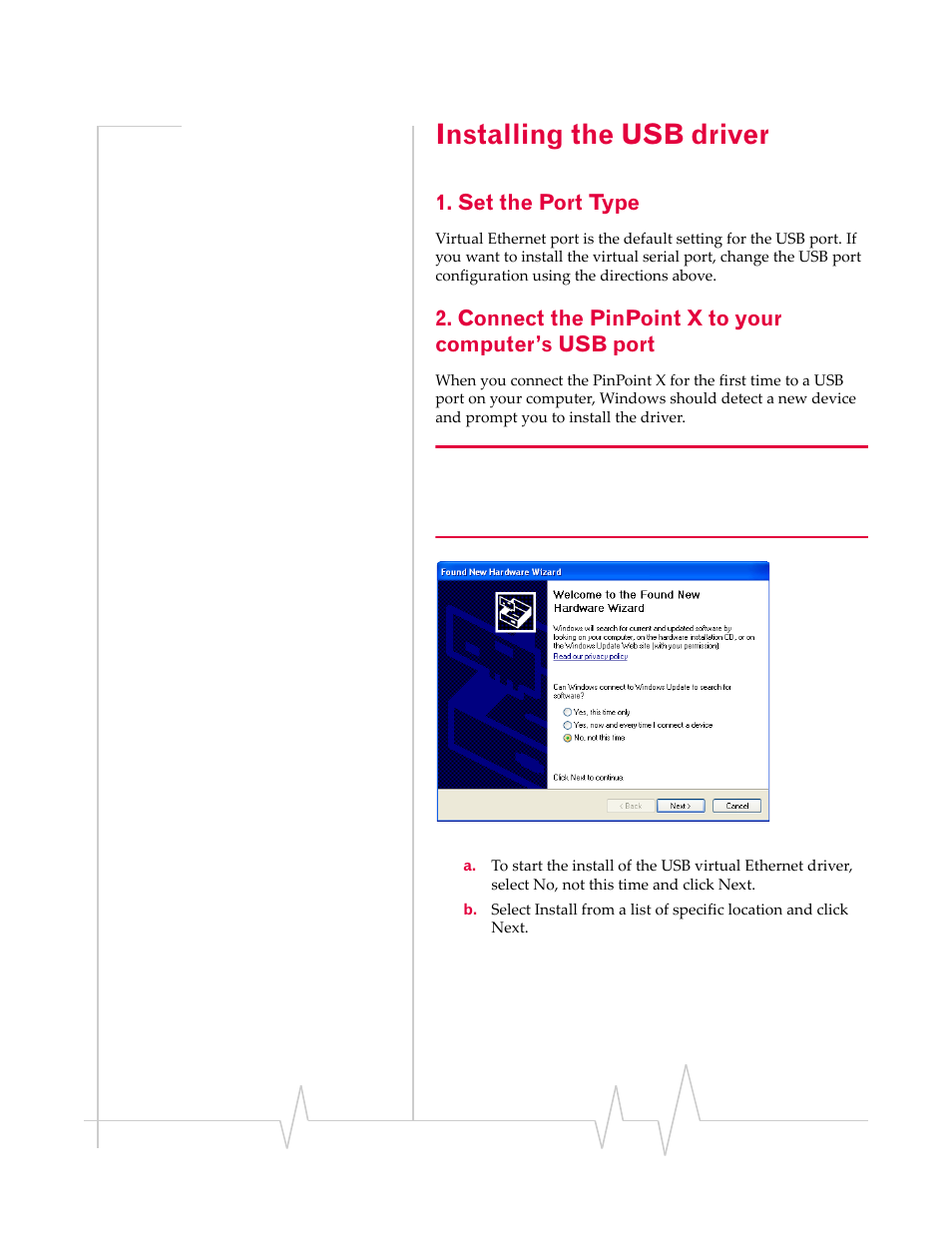 Installing the usb driver, Installing the usb, Driver | Set the port type, Connect the pinpoint x to your computer’s usb port | Sierra Wireless 20070914 User Manual | Page 55 / 203