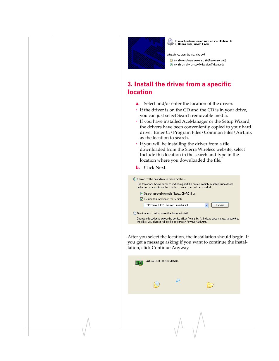Install the driver from a specific location | Sierra Wireless 20070914 User Manual | Page 56 / 203