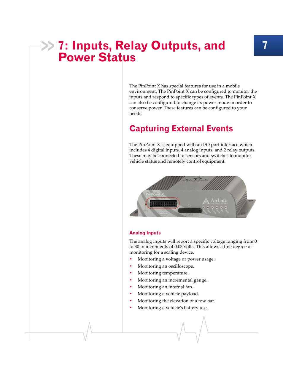 Inputs, relay outputs, and power status, Capturing external events, Analog inputs | Sierra Wireless 20070914 User Manual | Page 65 / 203